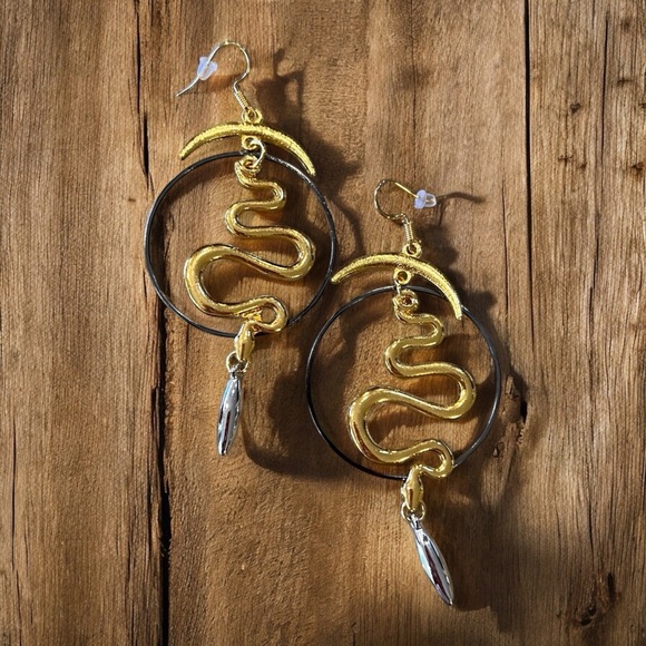 Chic Black, Gold, and Silver Toned Boho Snake Earrings Witchy - Picture 12 of 16